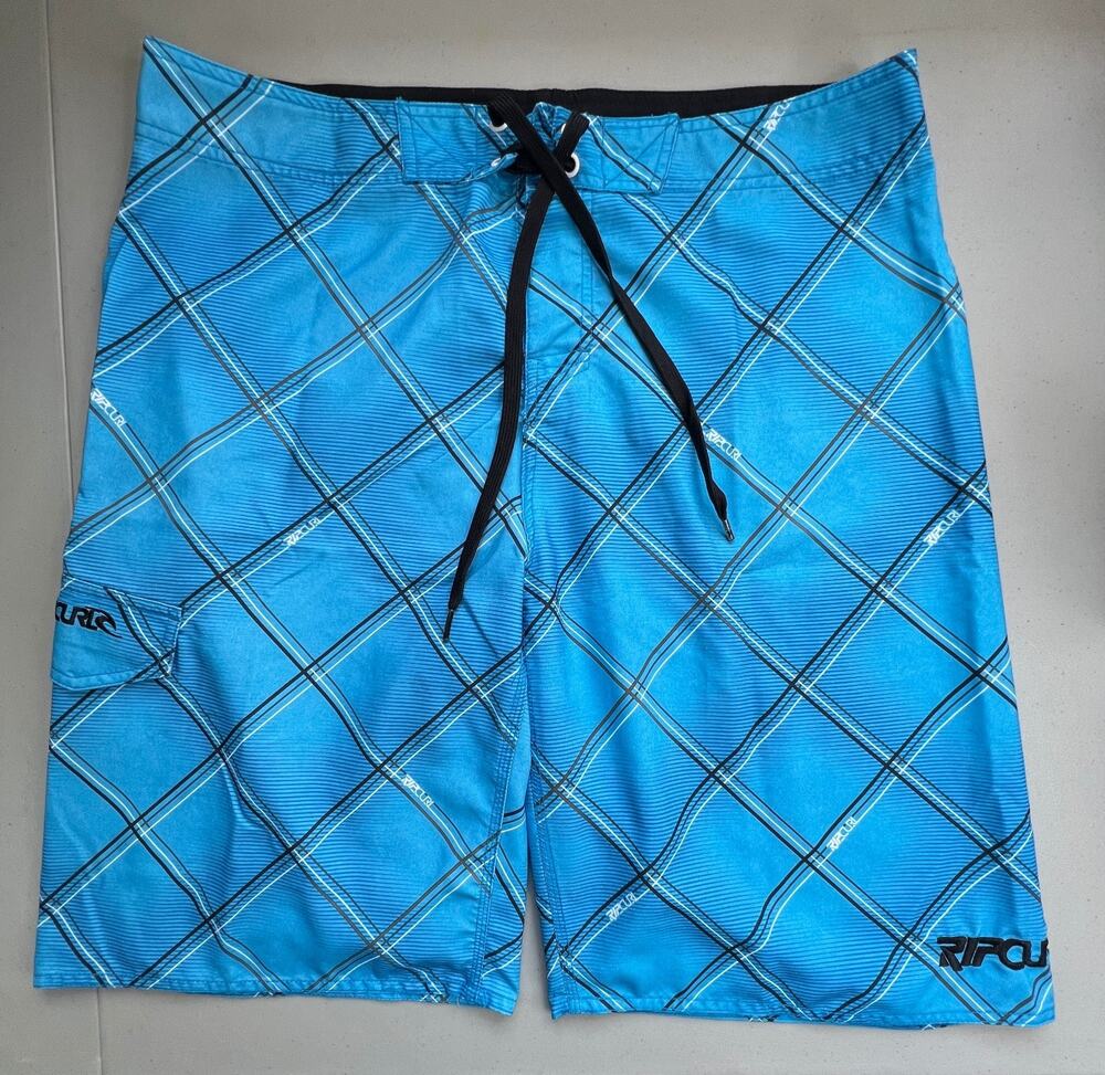 Rip Curl Mens 36 Blue Plaid Board Shorts Surf Swim Trunks Drawstring Pocket